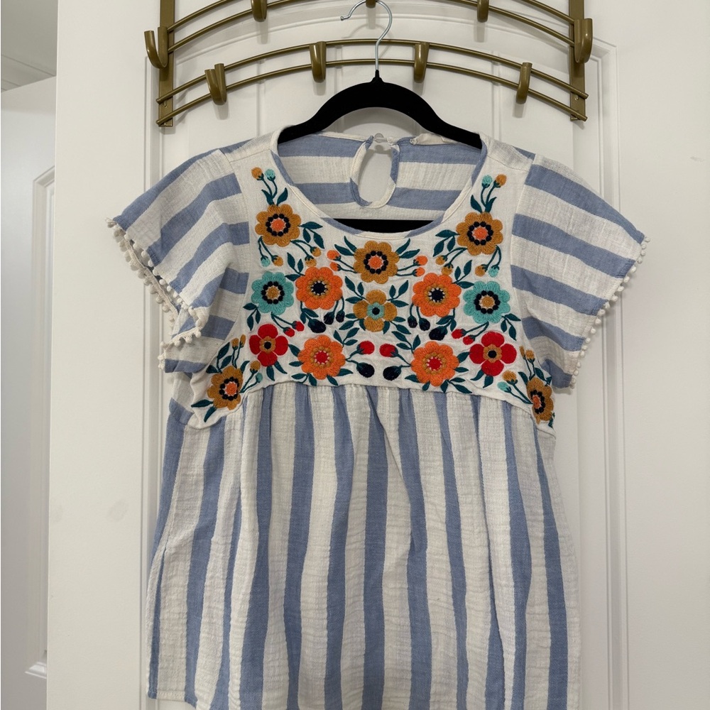 Altar'd State Blue and White Boxy Blouse with Embroidery